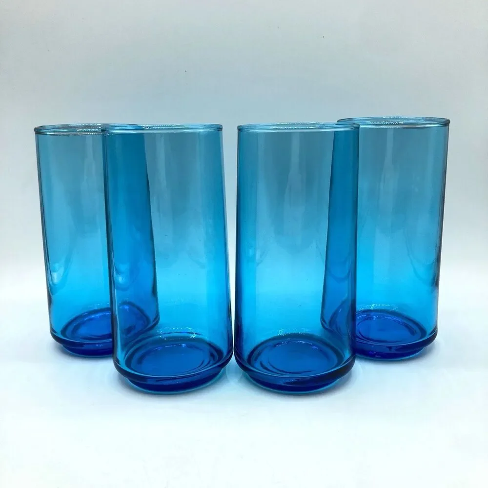 4 Set Vintage Hand Blown Aqua Blue Tumblers Coolers Highball Glasses 16oz 5 7/8